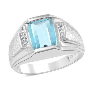 Blue Topaz and Diamond Men's Ring in Sterling Silver Size 10